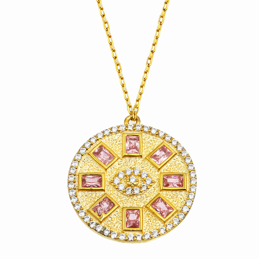 18K YELLOW GOLD DIAMOND PINK STONE PENDANT, M4048PD