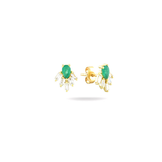 18K YELLOW GOLD DIAMOND EMERALD EARRINGS, MD0258E