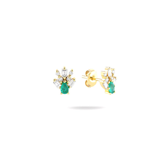 18K YELLOW GOLD DIAMOND EMERALD EARRINGS, MD0362E