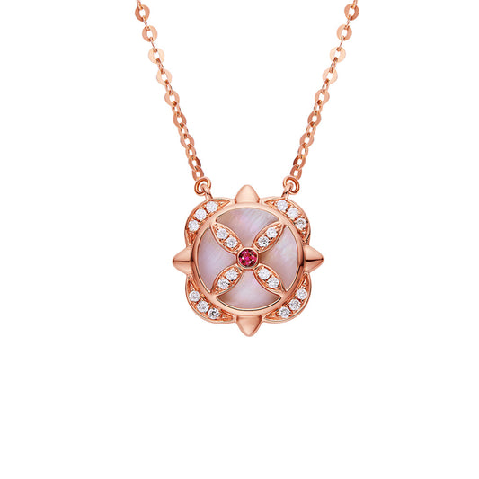 18K ROSE GOLD NECKLACE WITH DIAMOND, RUBY & PINK SHELL